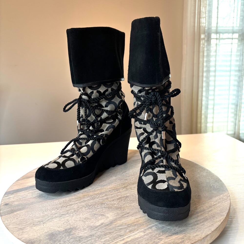 Coach Signature Logo Lace Up Wedge Winter Boots Black Suede Canvas Women's 7.5 - Picture 3 of 10